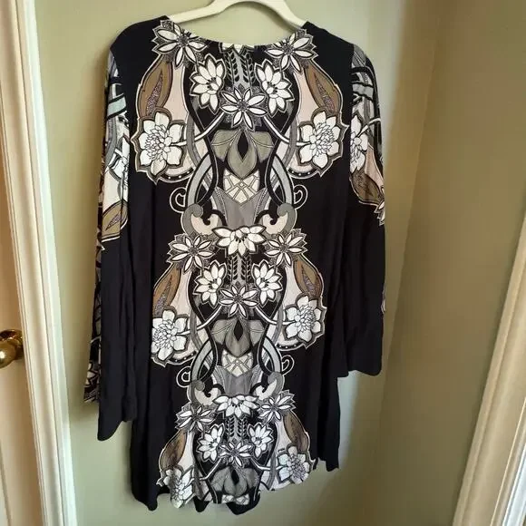 Hale Bob Black Floral Print Bell Sleeve Mini Swing Dress 70s Retro White Brown - Picture 7 of 7